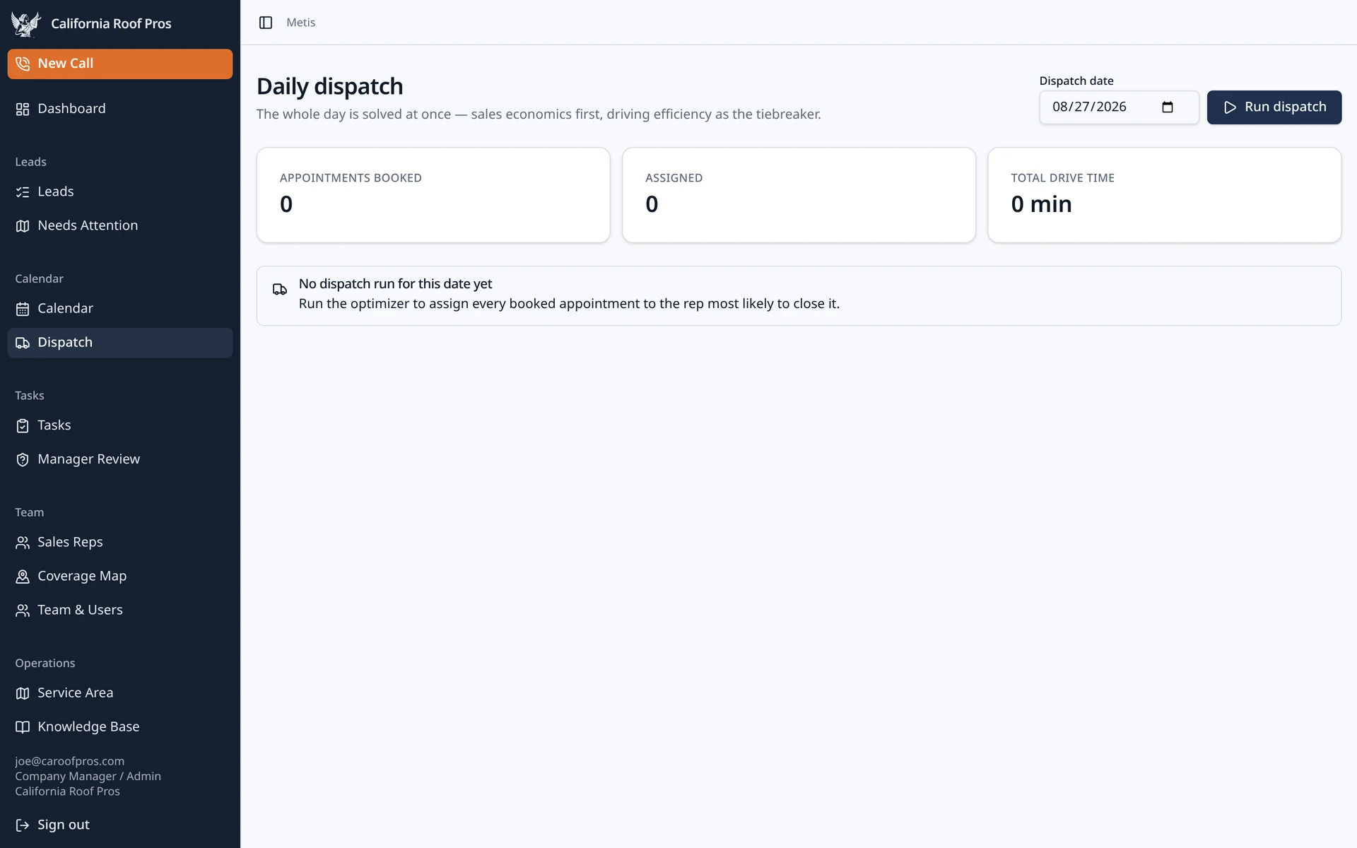 Metis daily dispatch screen showing appointment assignments per sales rep